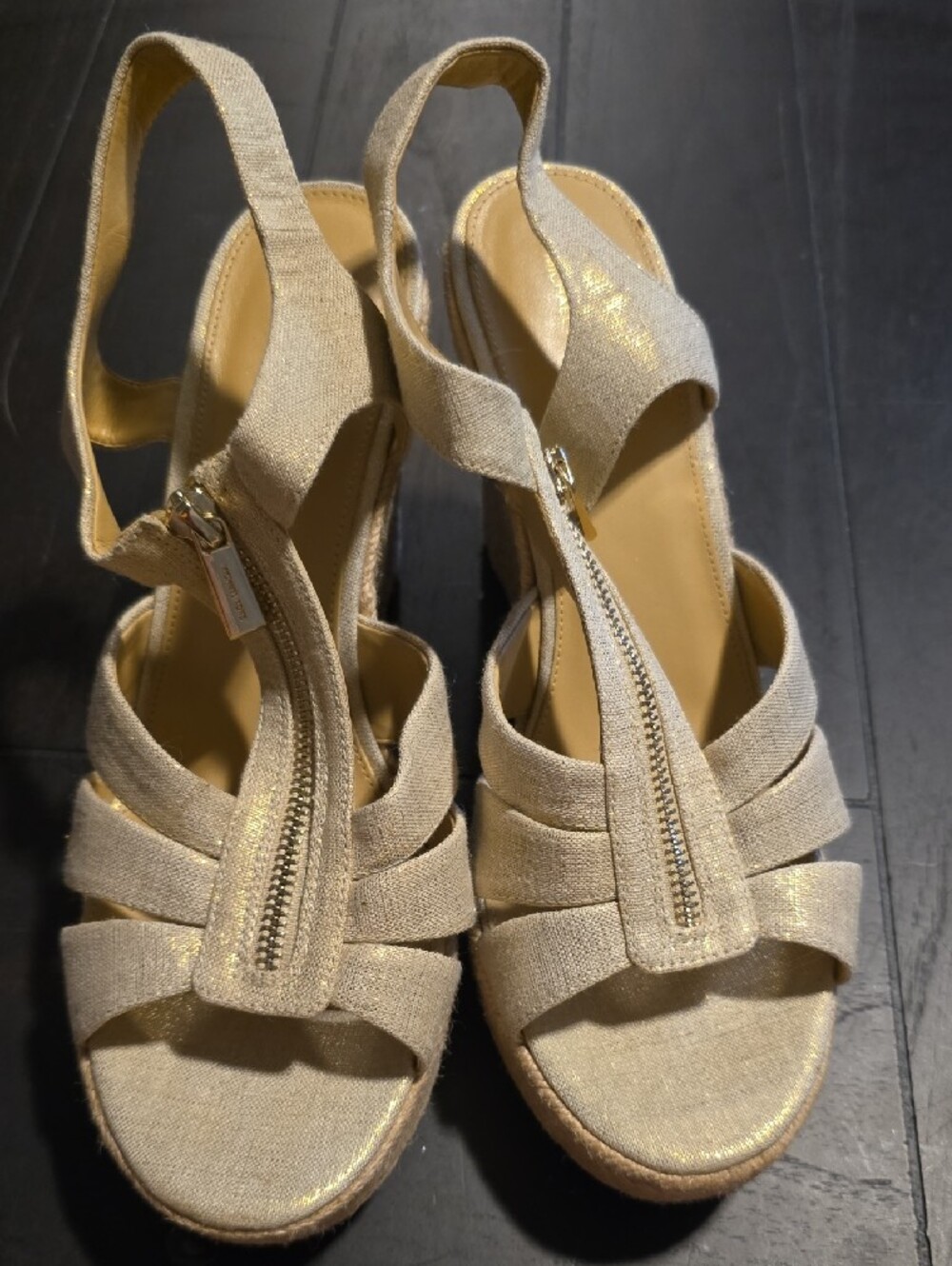 Michael Kors Metallic Beige Espadrille Wedge Sandals - Picture 2 of 7
